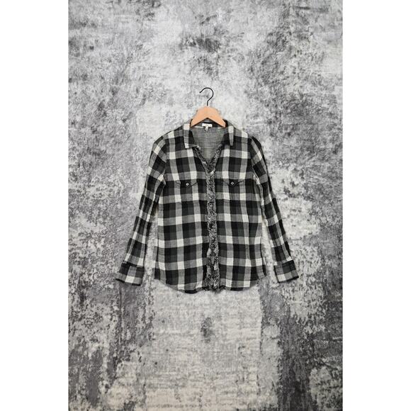 Joie Black Buffalo Check Plaid Gauze Fringe Button Shirt Top Size S Small - Picture 1 of 7